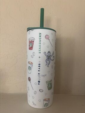 Starbucks Roller Rabbit White Tumbler with Green Lid and Straw